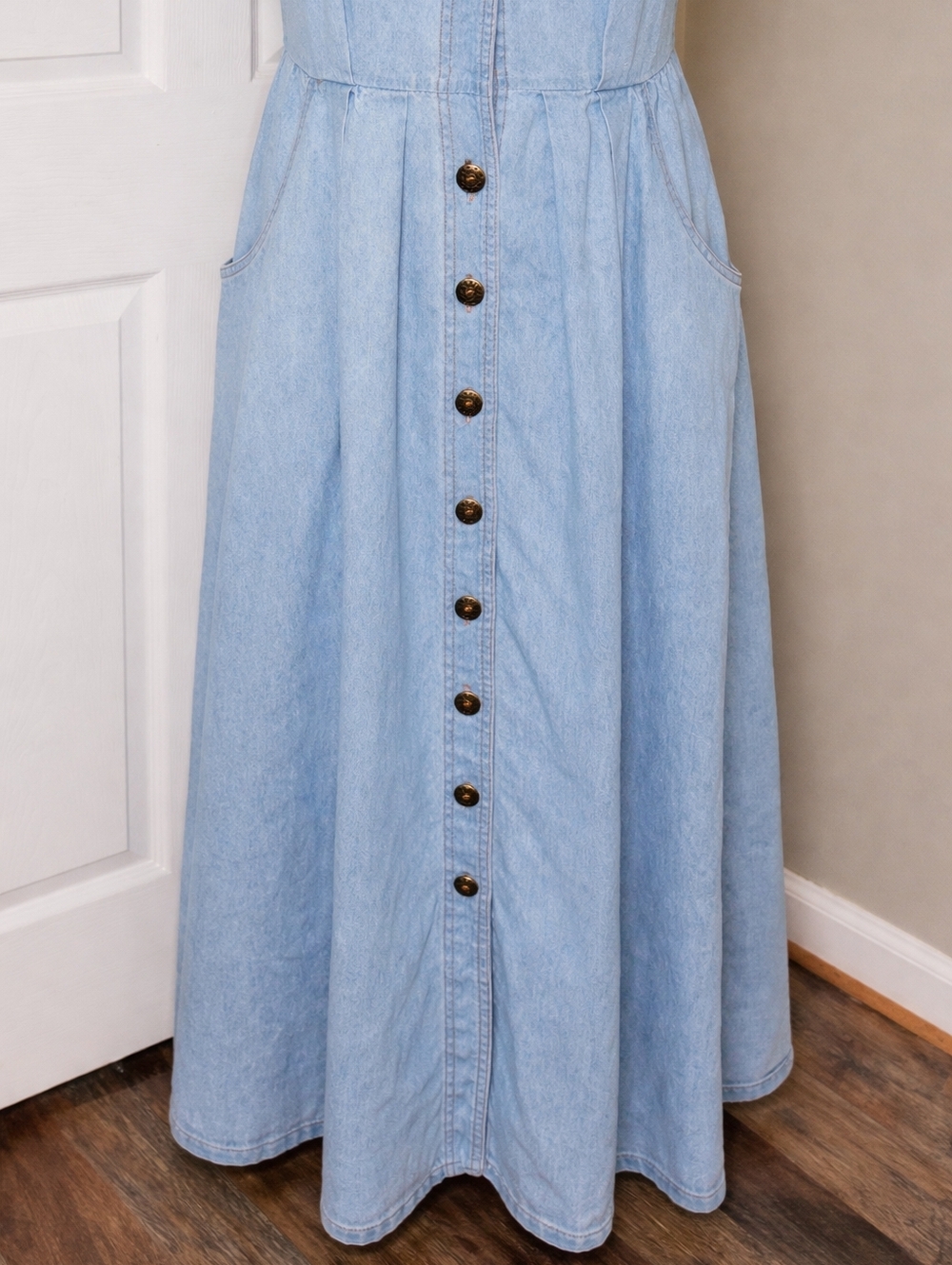 Vintage 90s Studio Ease Denim Midi Dress USA Button Front Country Western - Picture 3 of 11